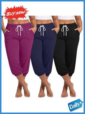 Plus Size Capri Sweatpants Joggers with Pockets 3 Pack